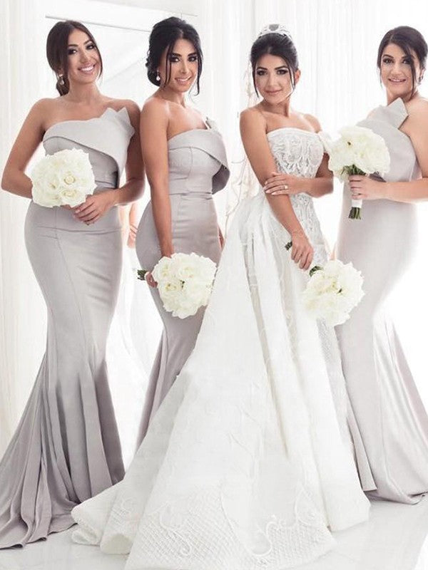 Wholesale Trumpet/Mermaid Charmeuse Ruffles Strapless Sleeveless Sweep/Brush Train Bridesmaid Dresses